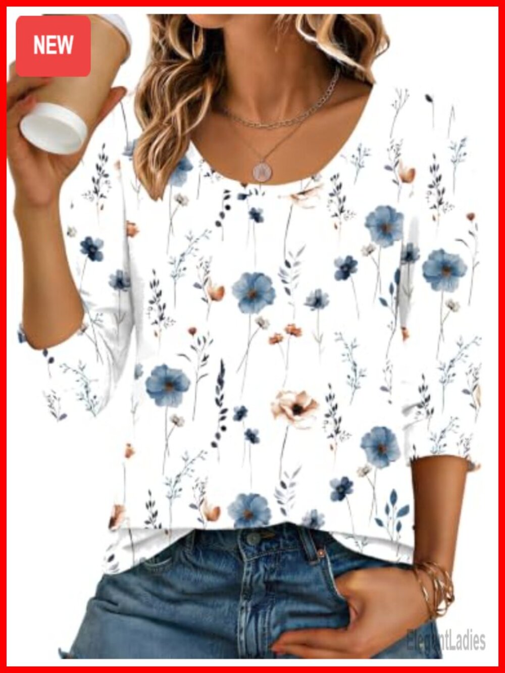 3/4 Sleeve Scoop Neck Slim Fit Tee Casual Basic Top